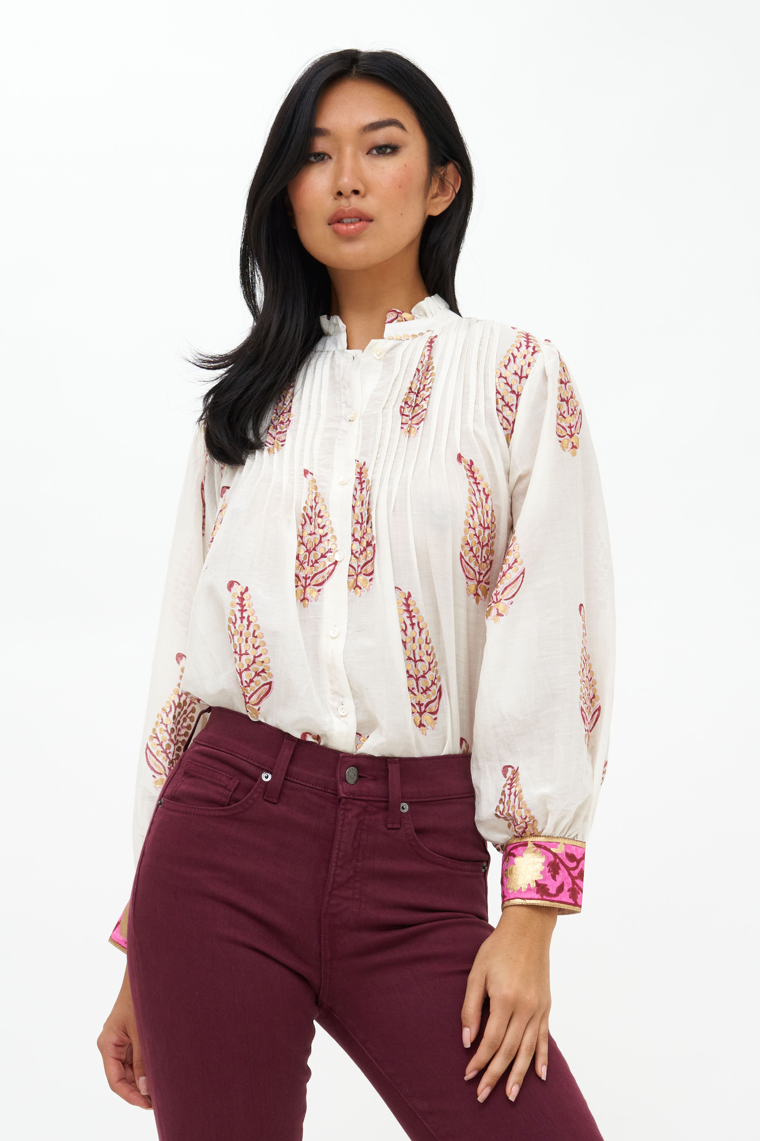 Pintuck Button Down- Marchesa Wine