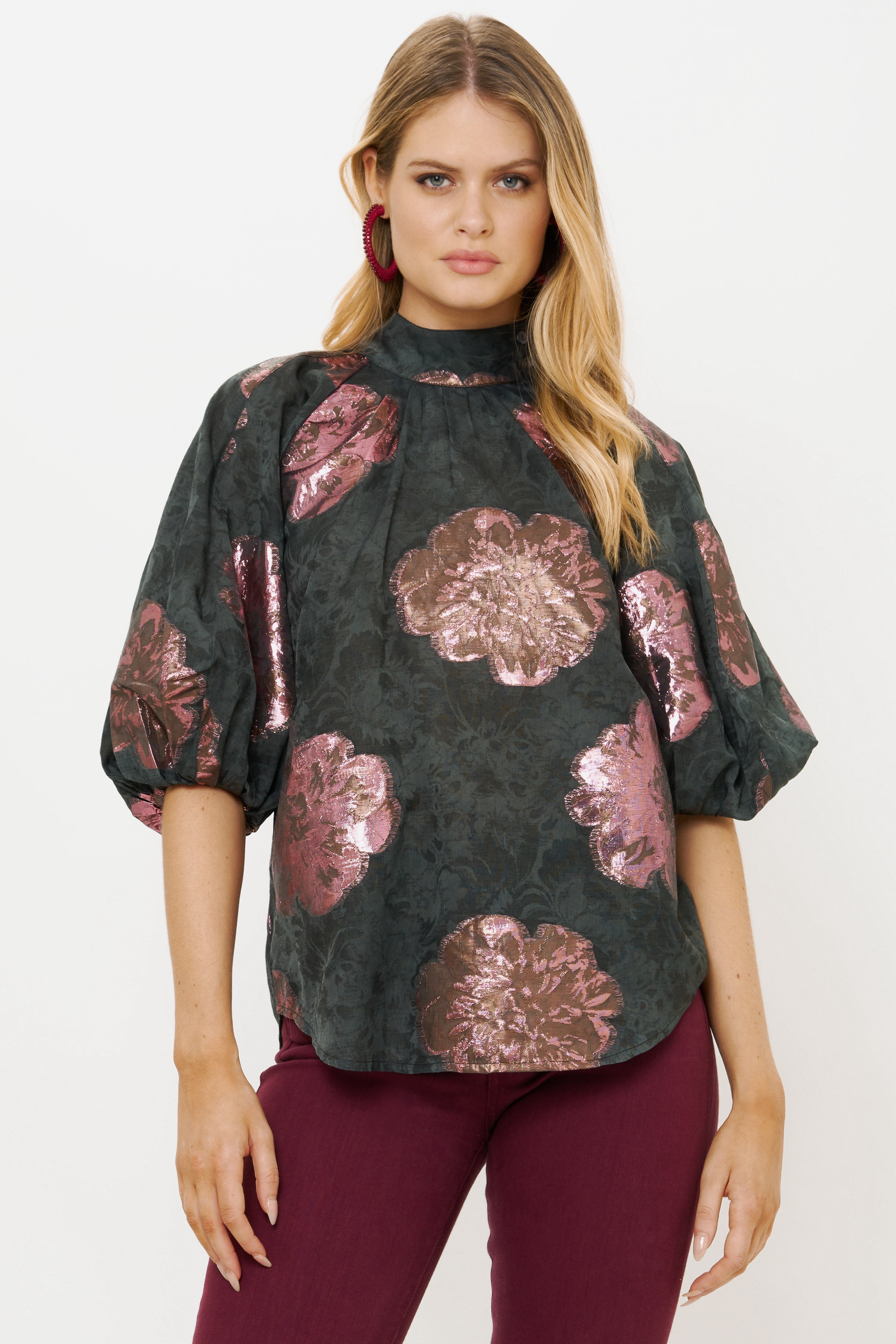 Button Neck Blouse- Rosa Black