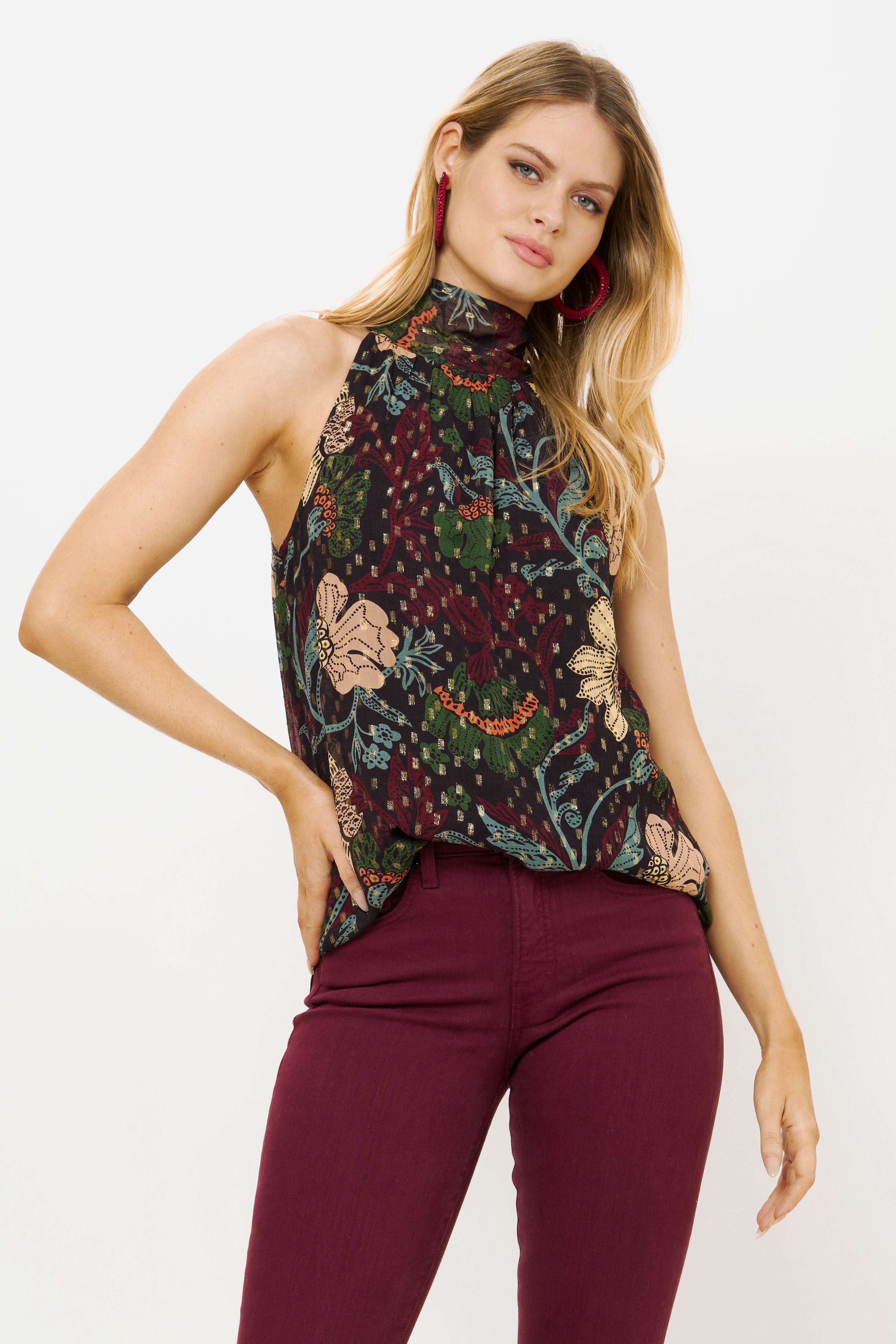 Sleeveless Tie Neck Top- Turin Wine